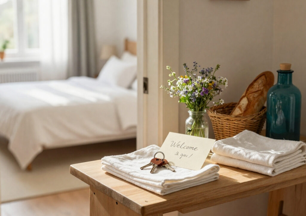 Vue d'une chambre en arrière plan avec lit préparé et en premier plan les éléments de bienvenue pour les hôtes
